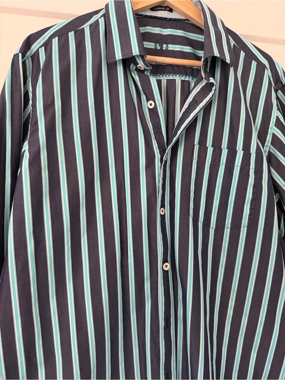 Bugatchi Men's Vertical Stripe Dress Shirt in Navy and Teal